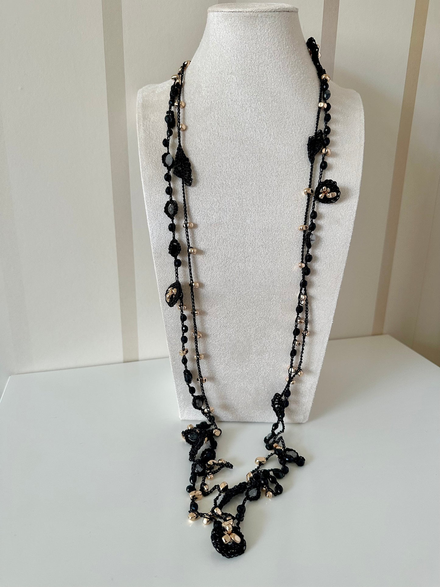 Black Aurora Necklace – Natural Obsidian & Quartz, Handcrafted Crochet Art