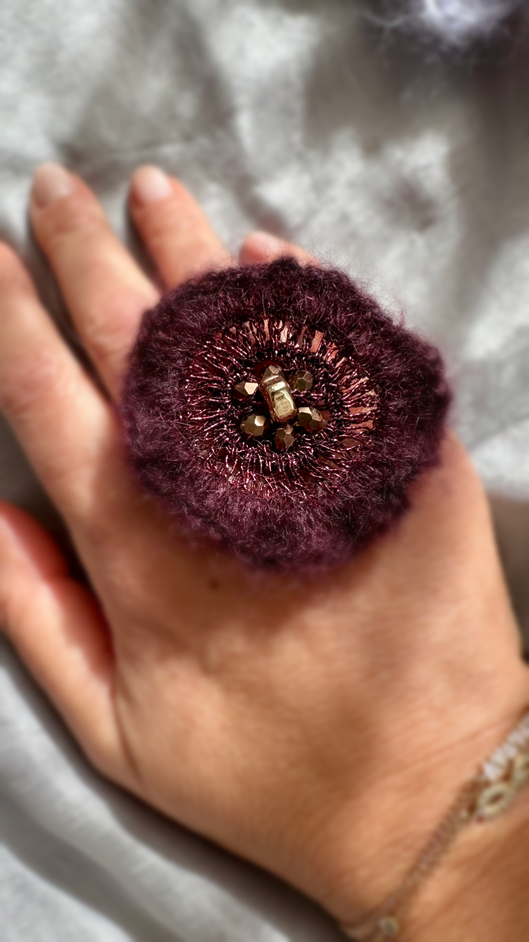 Silk Mohair Burgundy Artistic Ring with Crystals