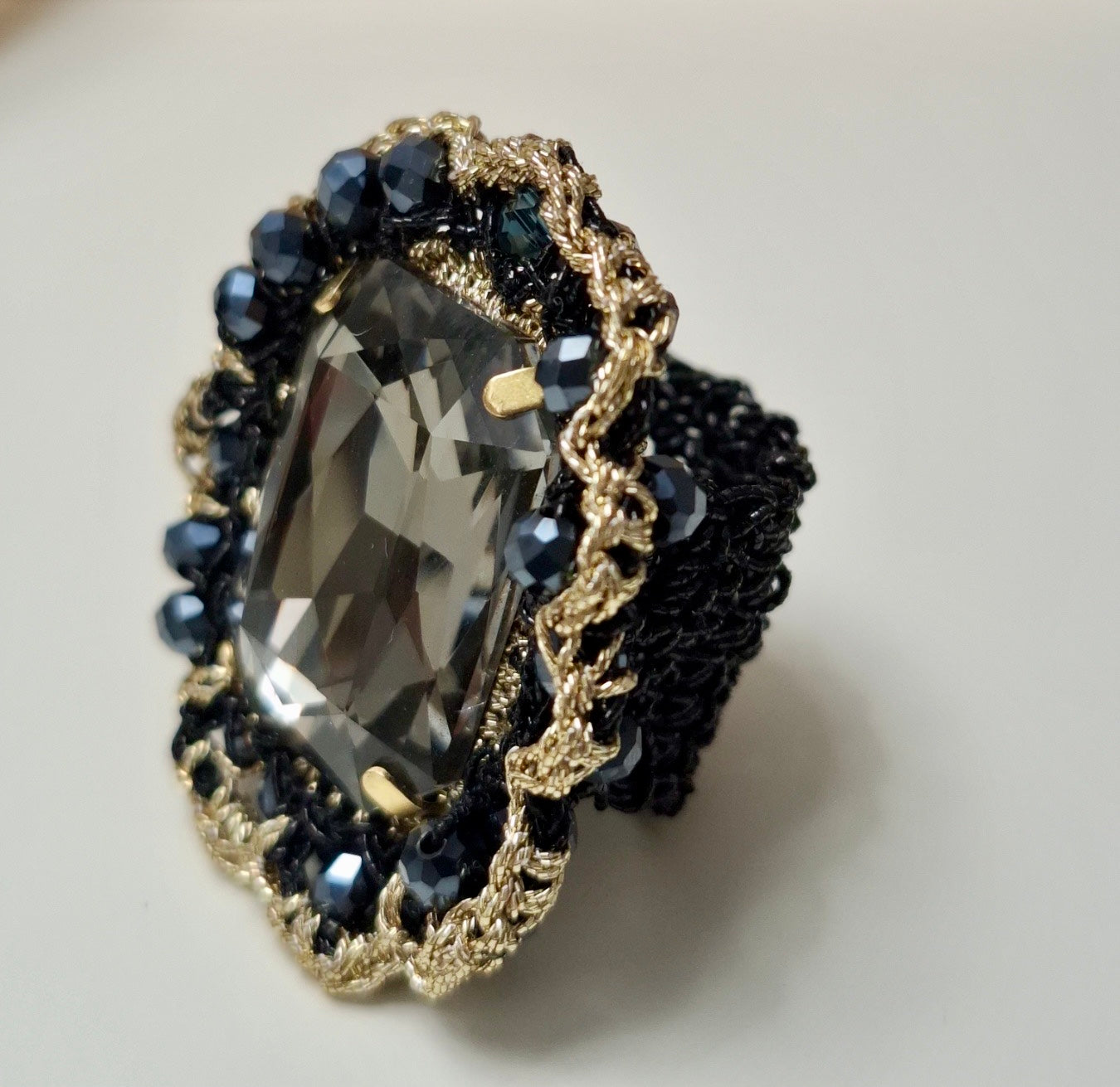 Black & Gold Crystal Statement Ring — Handmade Luxury Jewelry