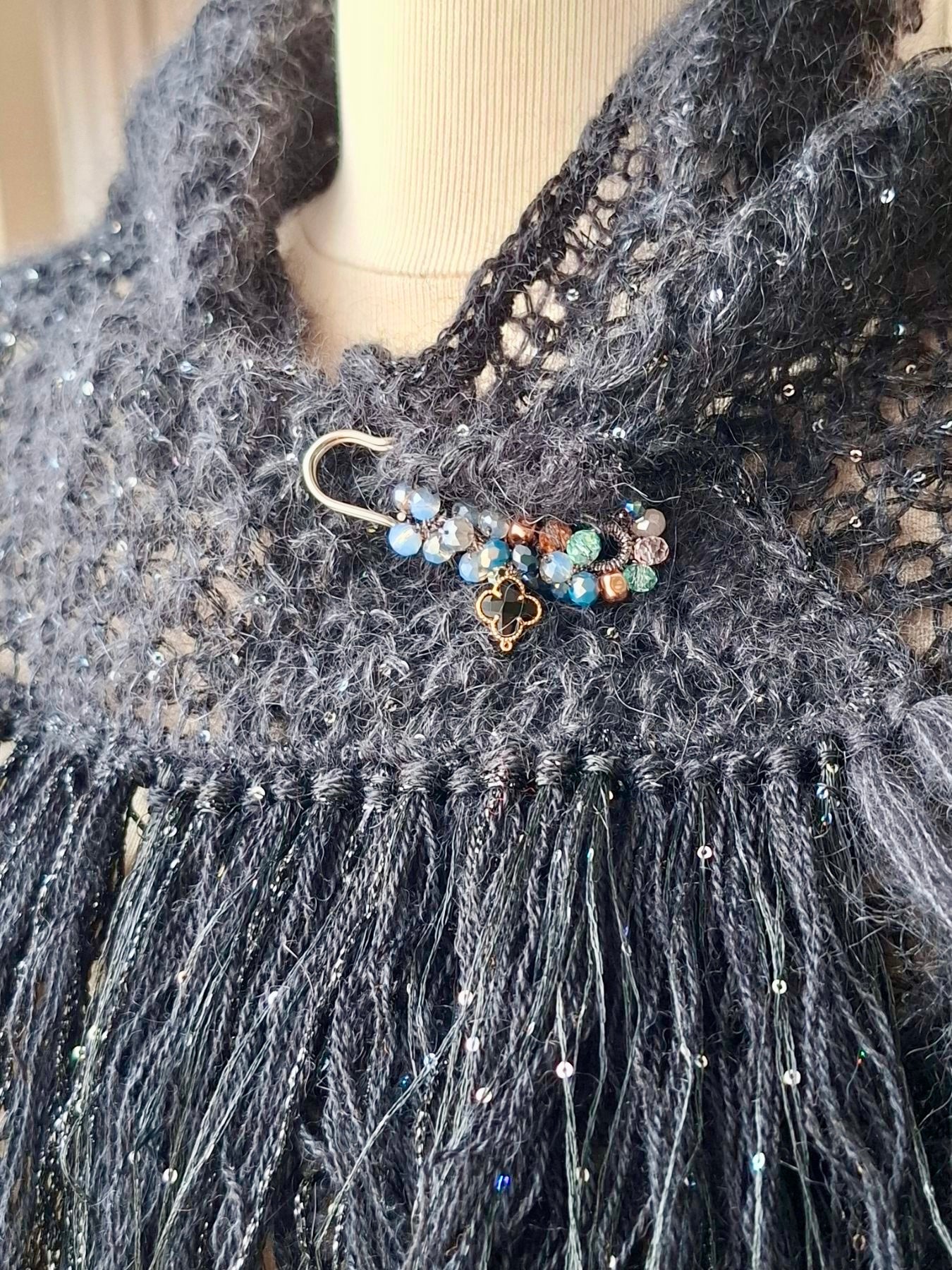 Black Crystal Triangle Scarf – Soft Mohair Elegance