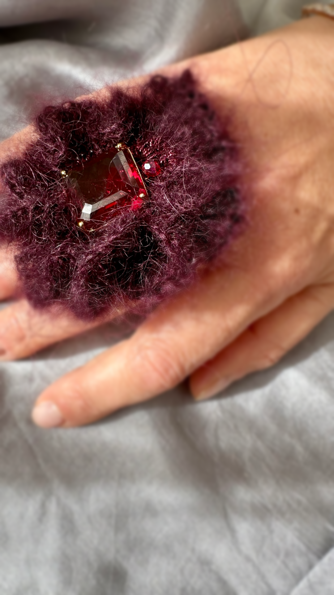 Silk Mohair Artistic Ring in Burgundy with Statement Crystal