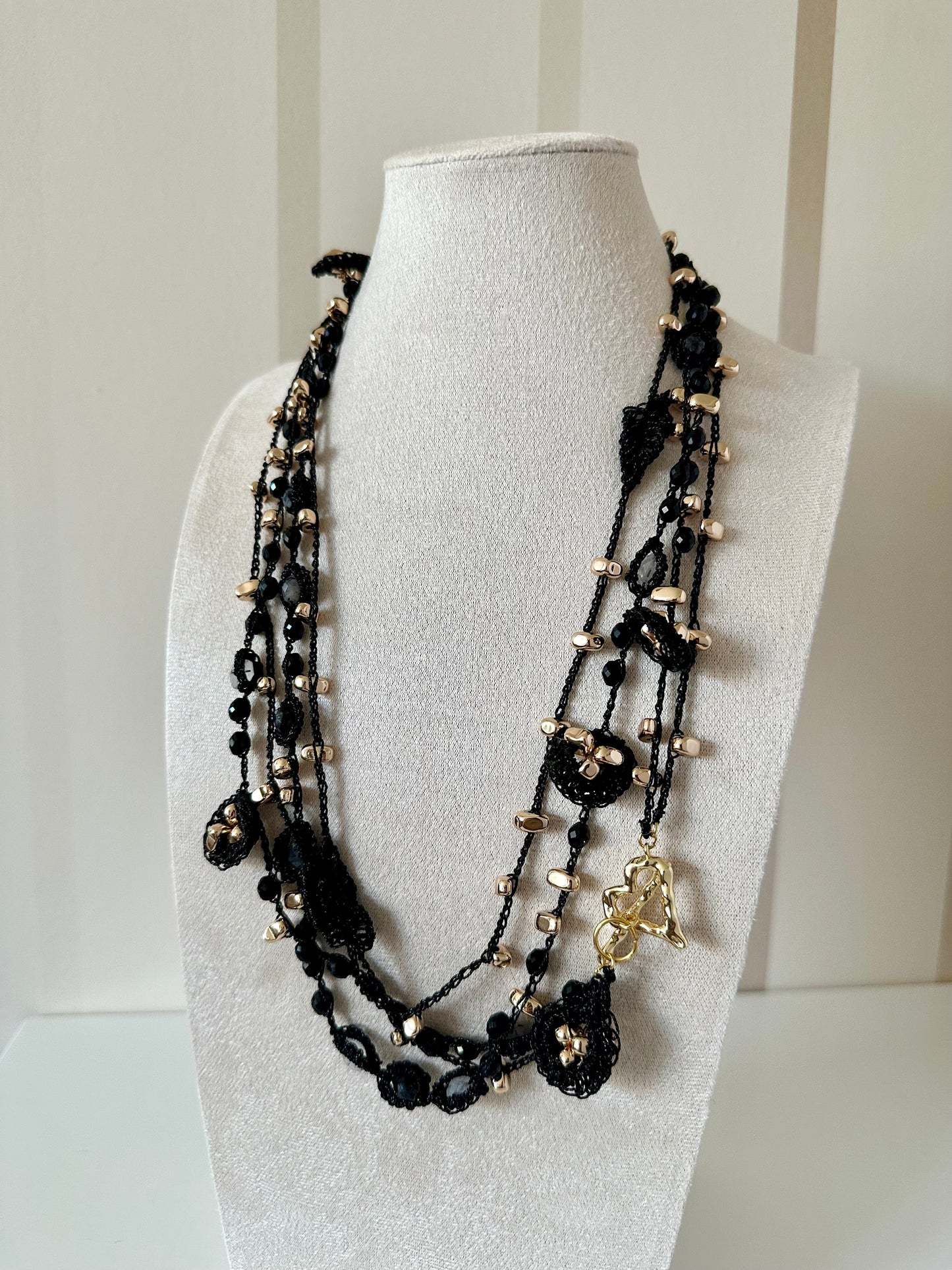 Black Aurora Necklace – Natural Obsidian & Quartz, Handcrafted Crochet Art