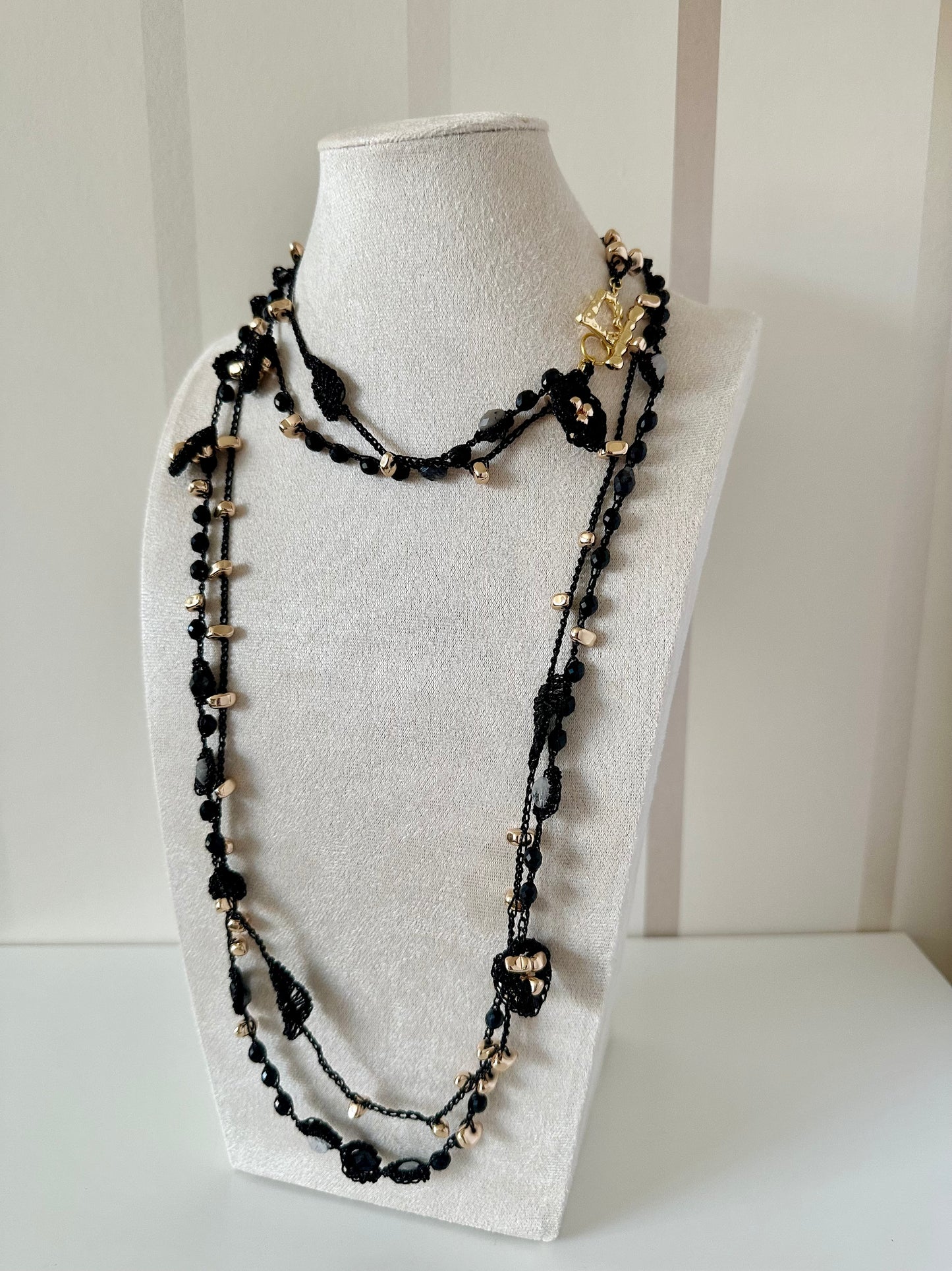 Black Aurora Necklace – Natural Obsidian & Quartz, Handcrafted Crochet Art
