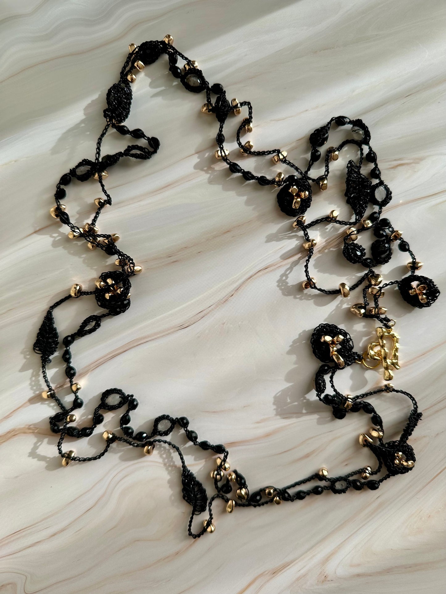 Black Aurora Necklace – Natural Obsidian & Quartz, Handcrafted Crochet Art