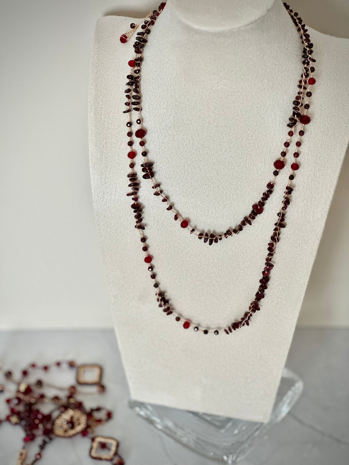 Garnet & Golden Yarn Duo Necklace – Transformable Elegance