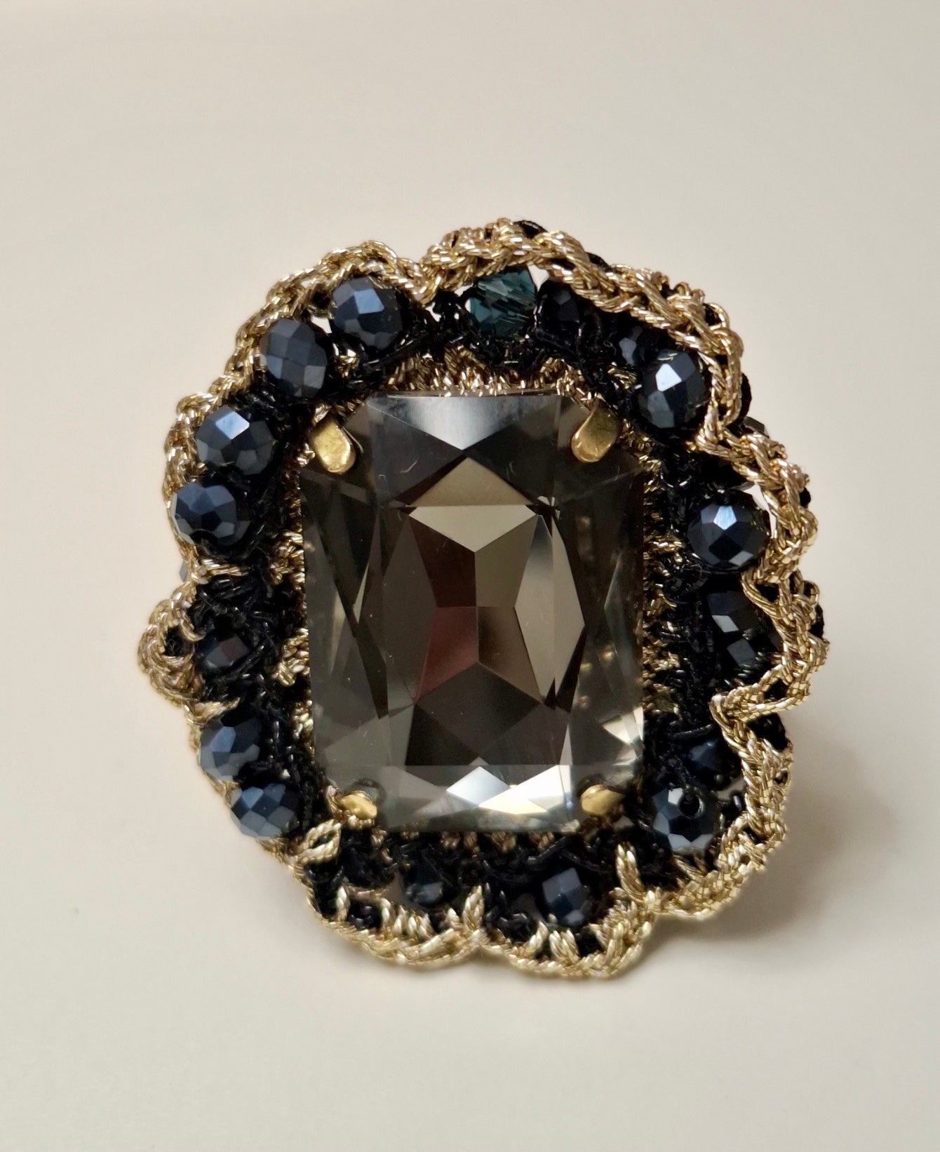 Black & Gold Crystal Statement Ring — Handmade Luxury Jewelry