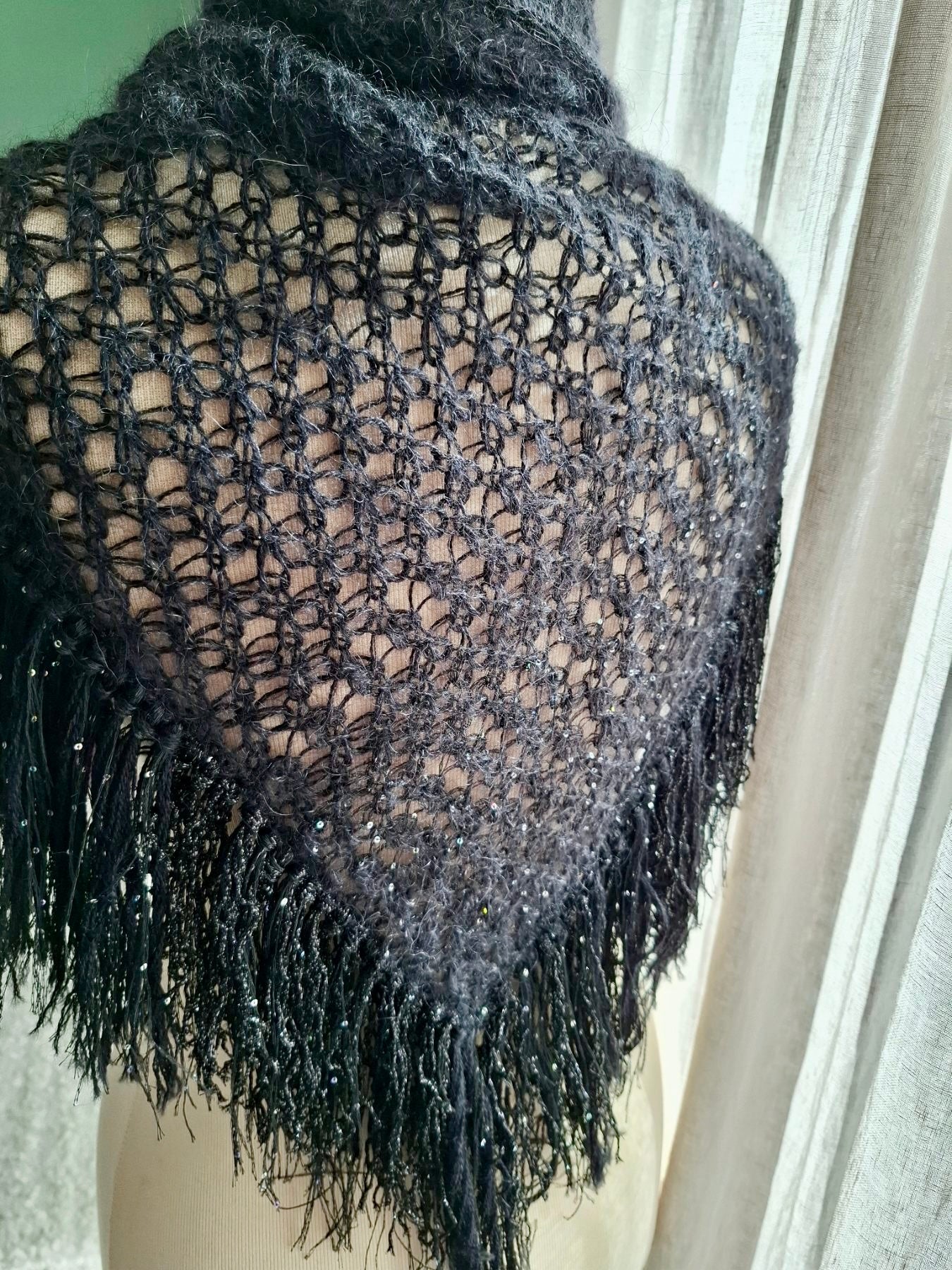 Black Crystal Triangle Scarf – Soft Mohair Elegance