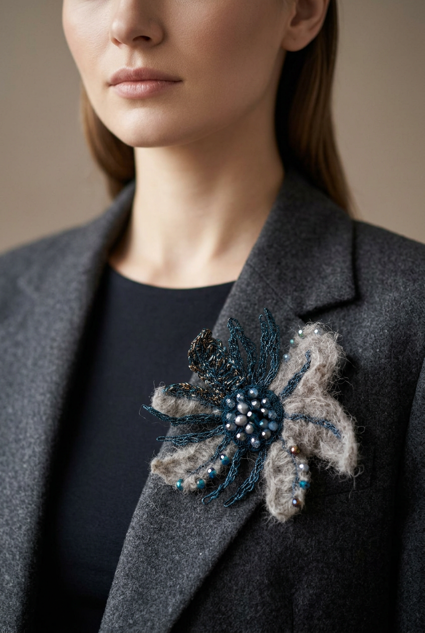 Structured Mohair & Crystal Brooch