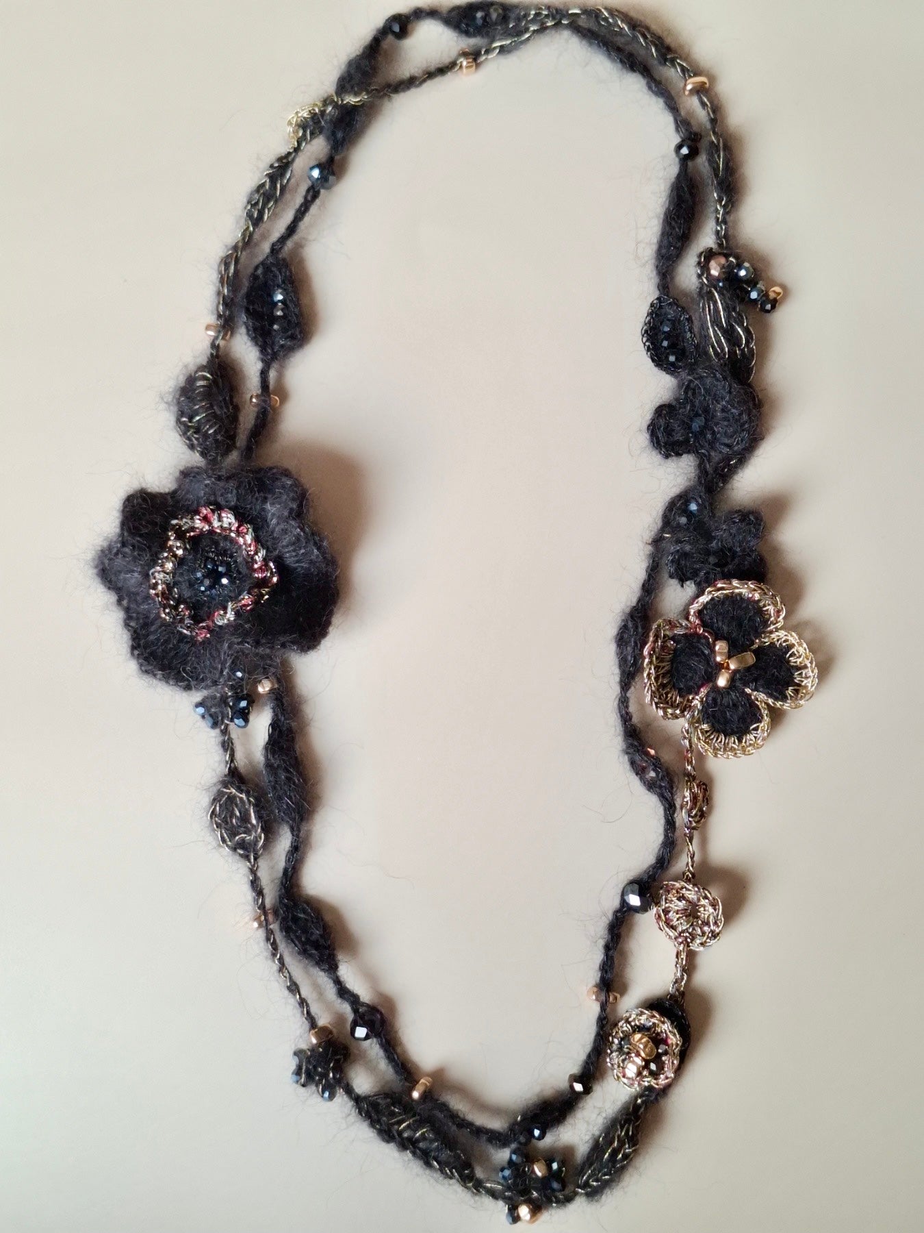 Silk Mohair Multi-Layer Necklace – Black with Gold & Red Accents