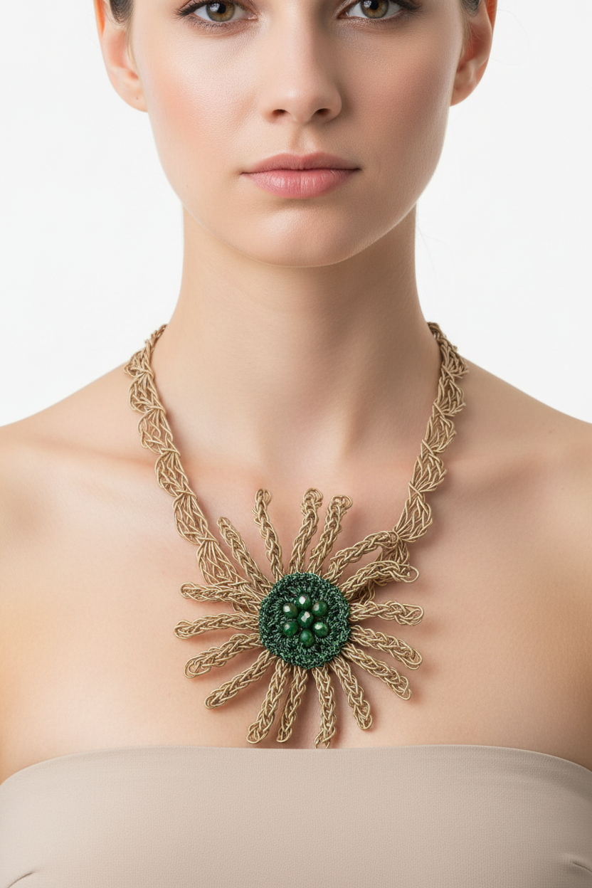 Emerald Sun Set – Handmade Knitted Necklace and Ring