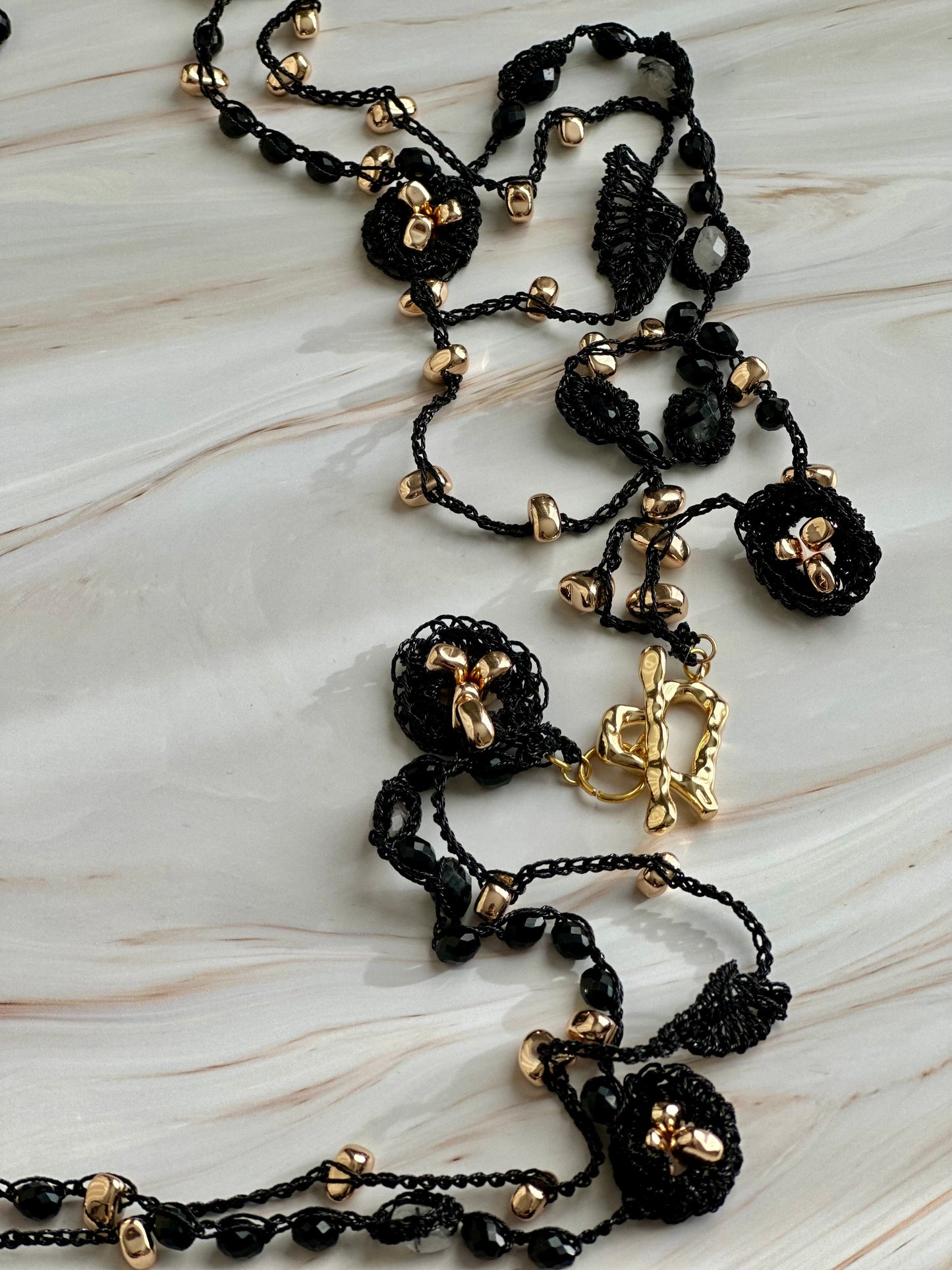 Black Aurora Necklace – Natural Obsidian & Quartz, Handcrafted Crochet Art