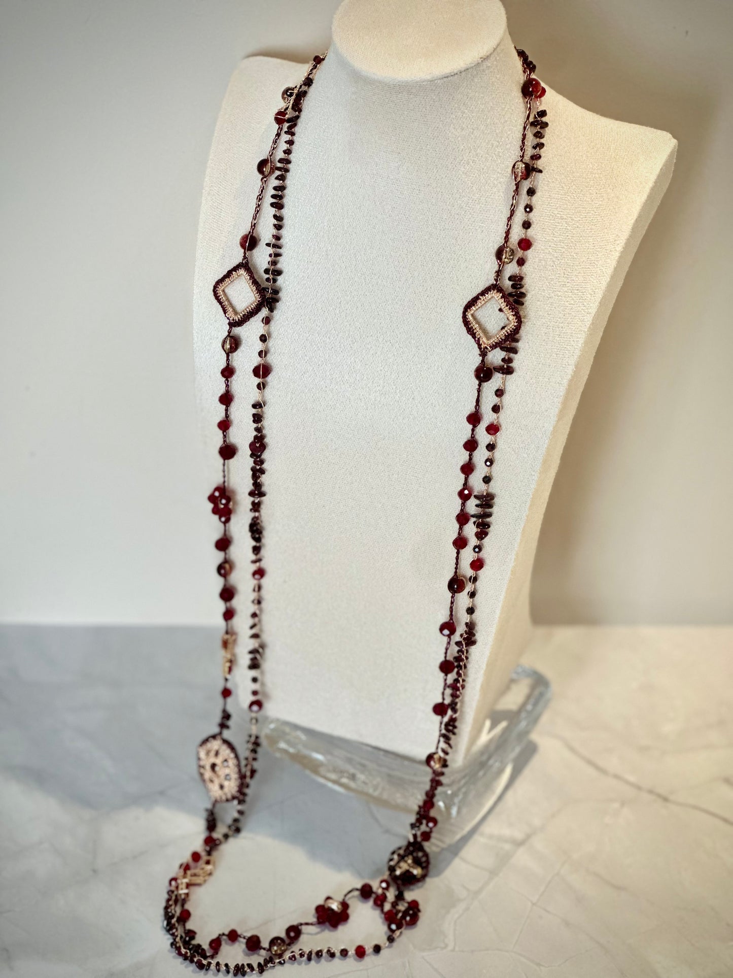 Garnet & Golden Yarn Duo Necklace – Transformable Elegance