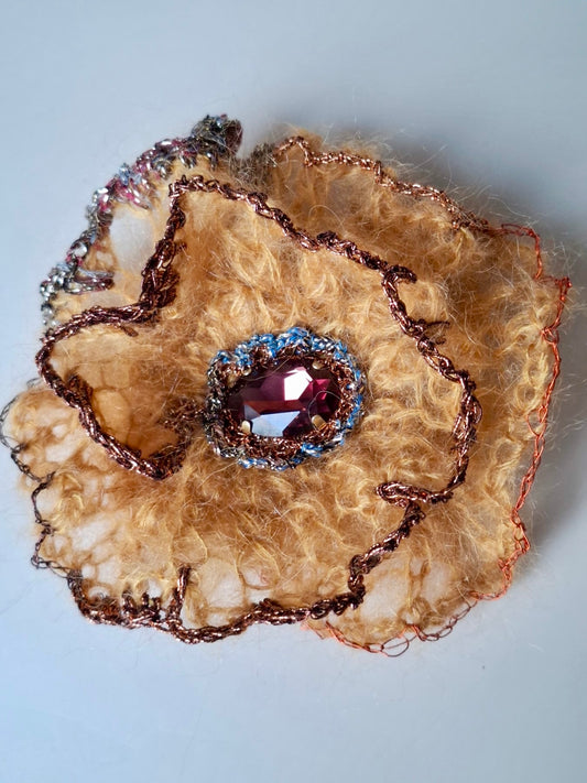 Golden Bloom – Handmade Textile Brooch with Crystal
