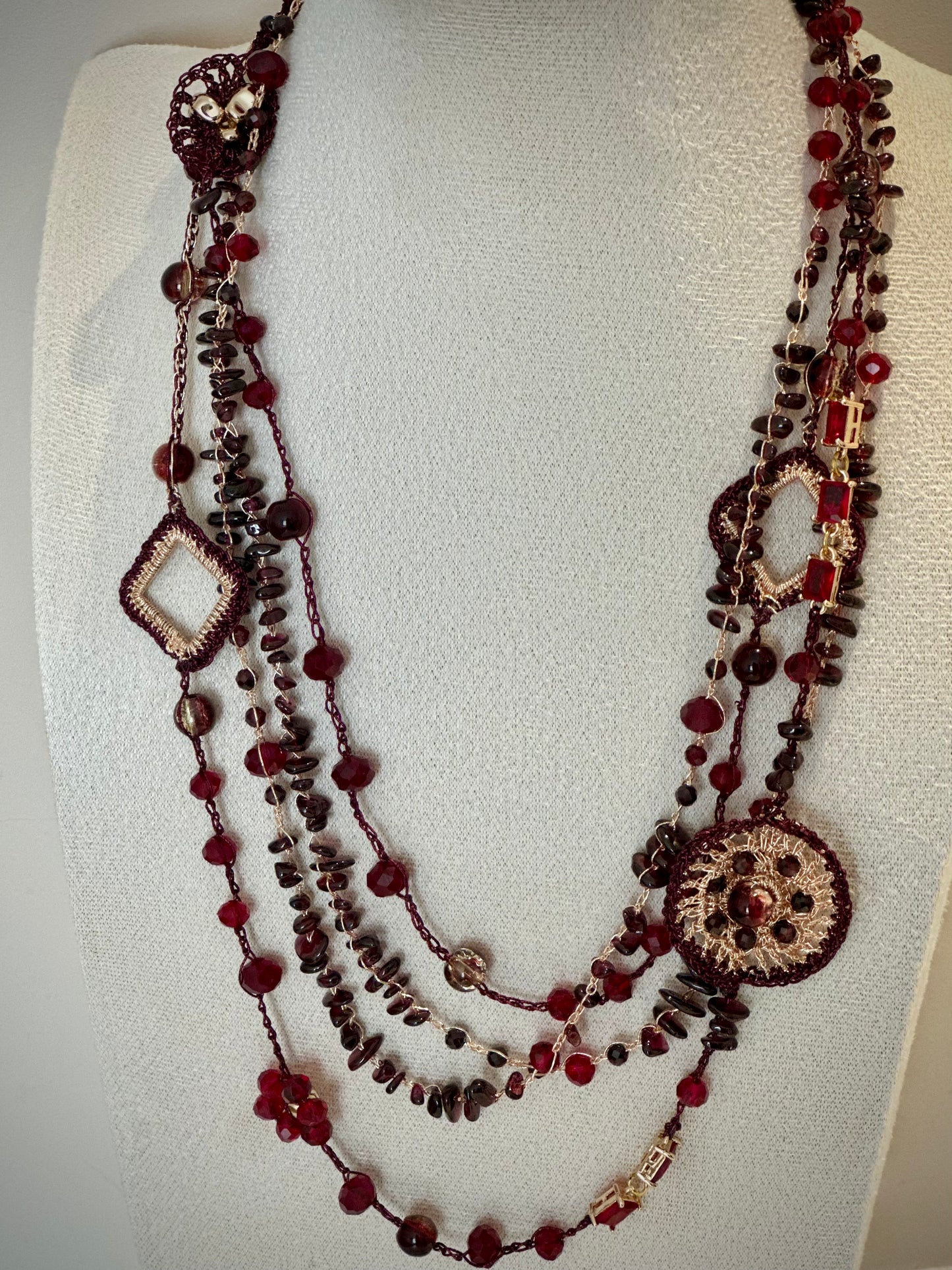 Garnet & Golden Yarn Duo Necklace – Transformable Elegance