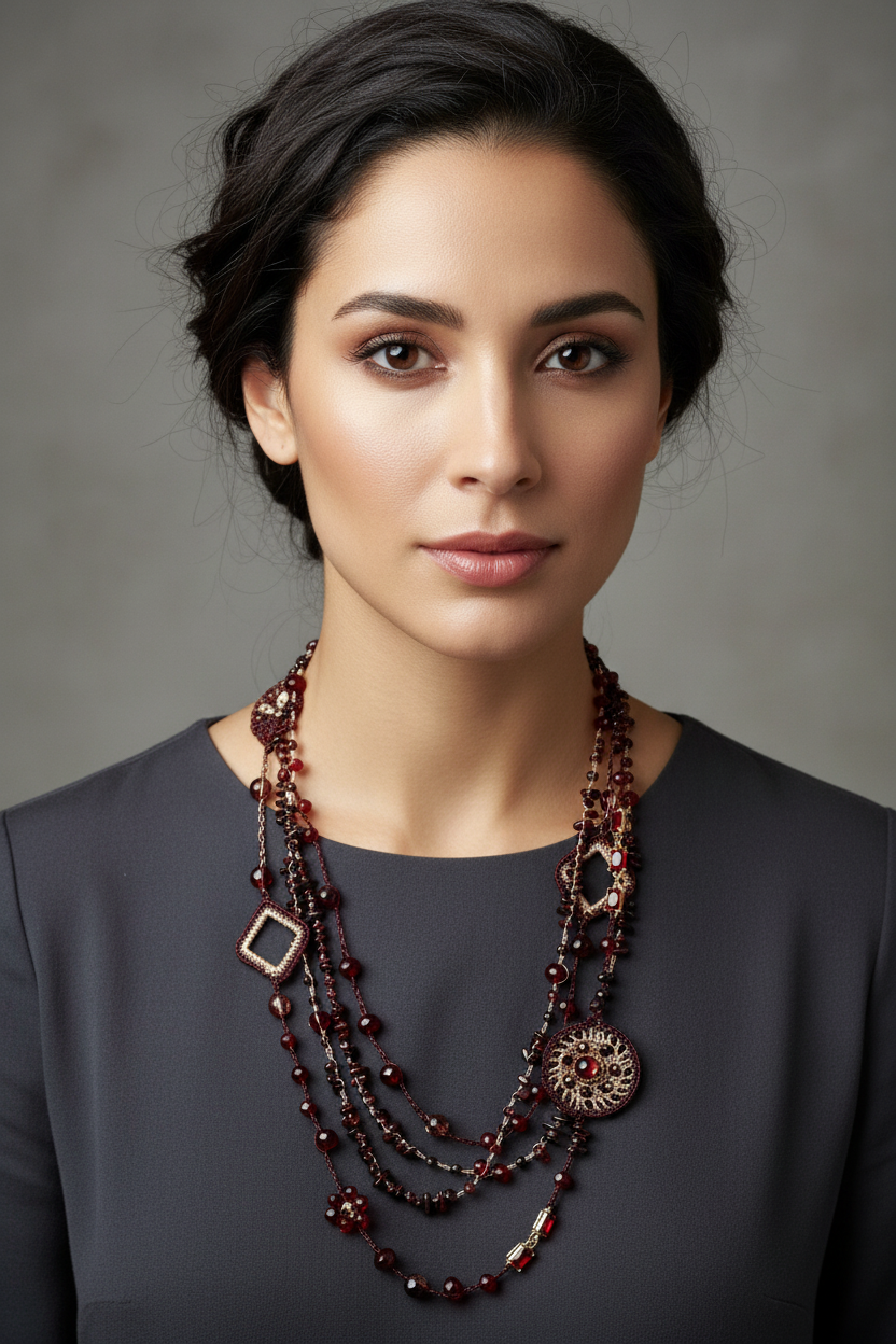 Garnet & Golden Yarn Duo Necklace – Transformable Elegance