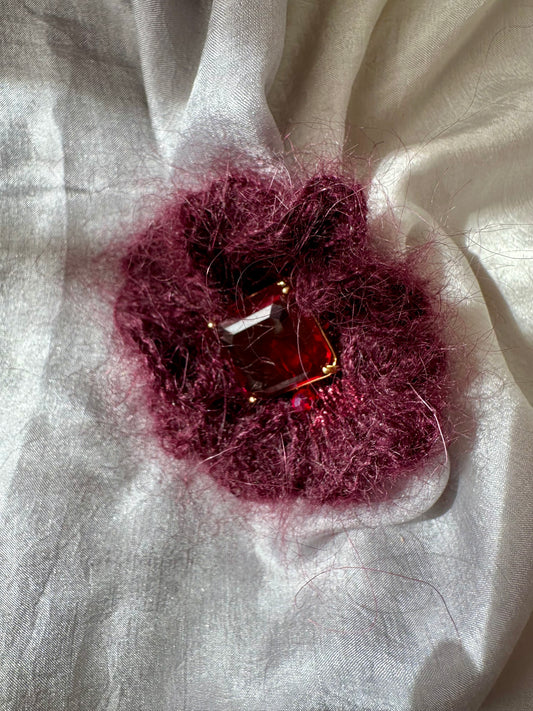 Silk Mohair Artistic Ring in Burgundy with Statement Crystal