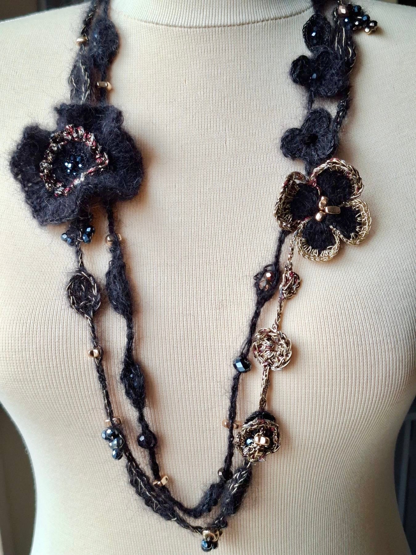 Silk Mohair Multi-Layer Necklace – Black with Gold & Red Accents