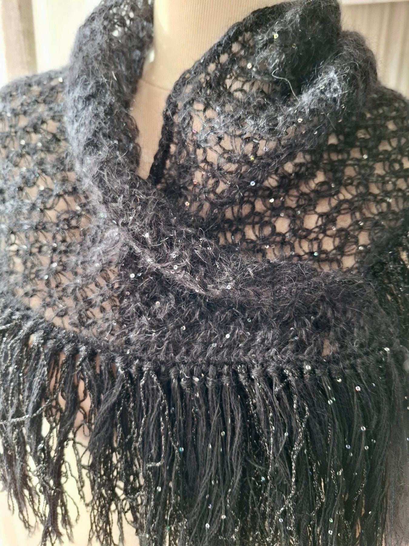 Black Crystal Triangle Scarf – Soft Mohair Elegance