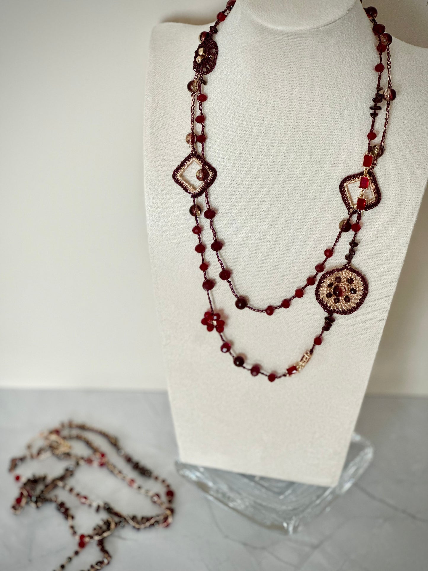 Garnet & Golden Yarn Duo Necklace – Transformable Elegance