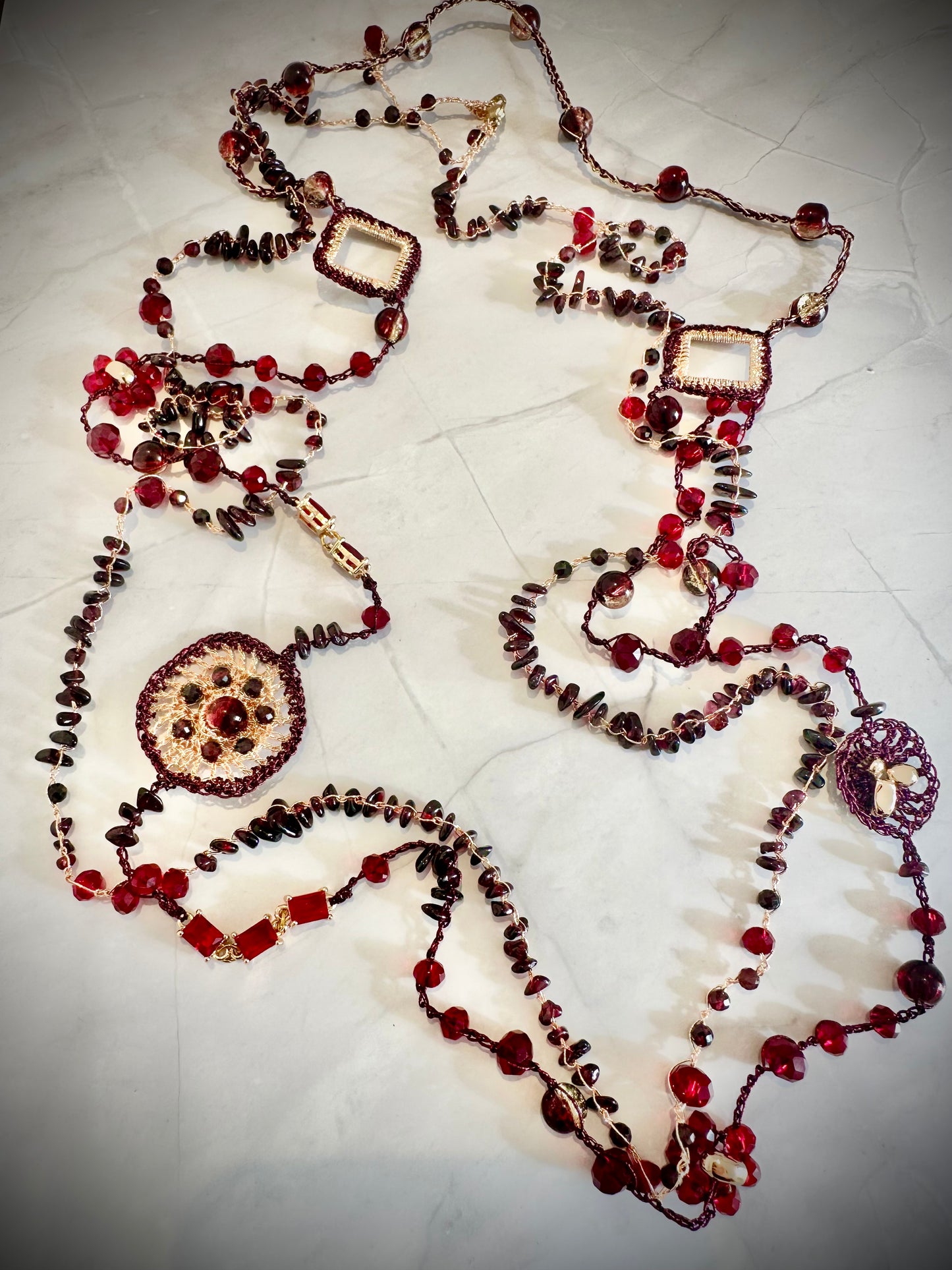 Garnet & Golden Yarn Duo Necklace – Transformable Elegance