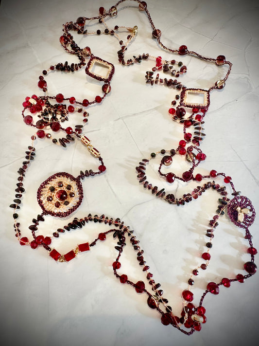 Garnet & Golden Yarn Duo Necklace – Transformable Elegance