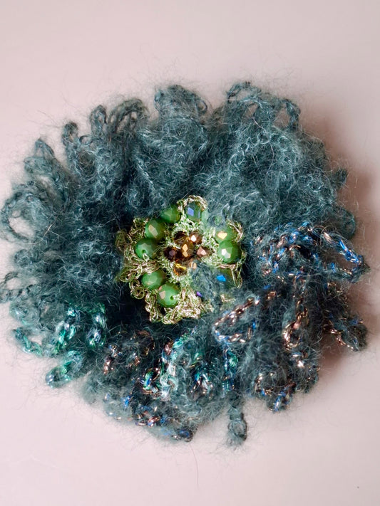 Emerald Tide – Handknit Mohair Brooch with Crystals