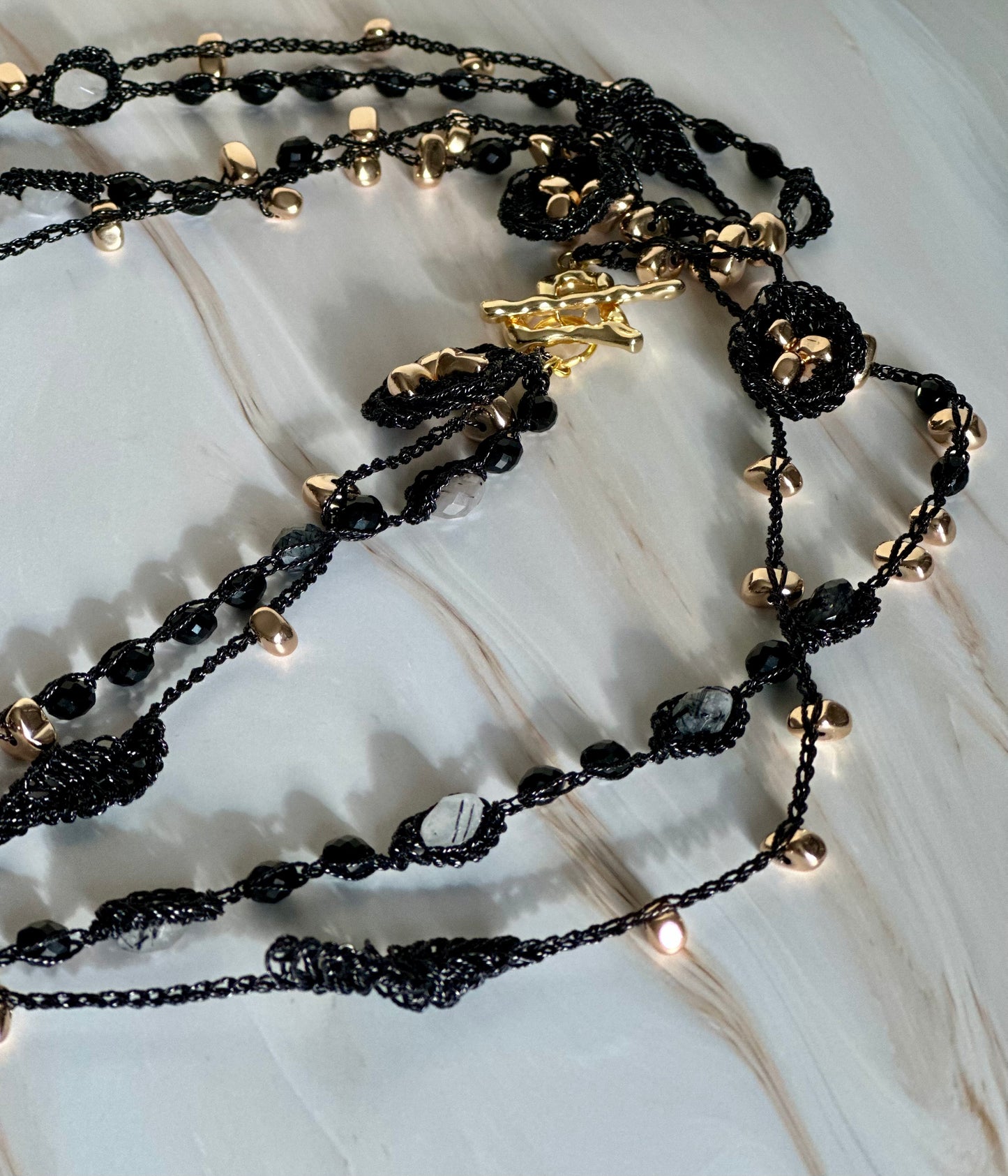 Black Aurora Necklace – Natural Obsidian & Quartz, Handcrafted Crochet Art