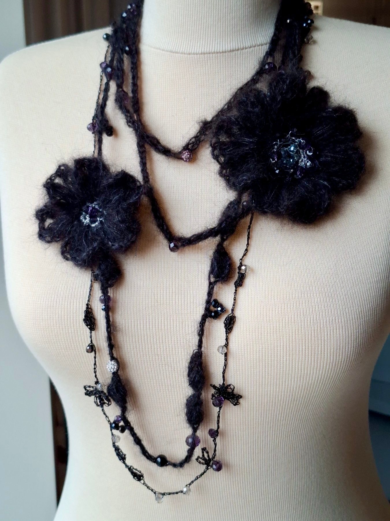 Hand Knitted Mohair Flower Necklace
