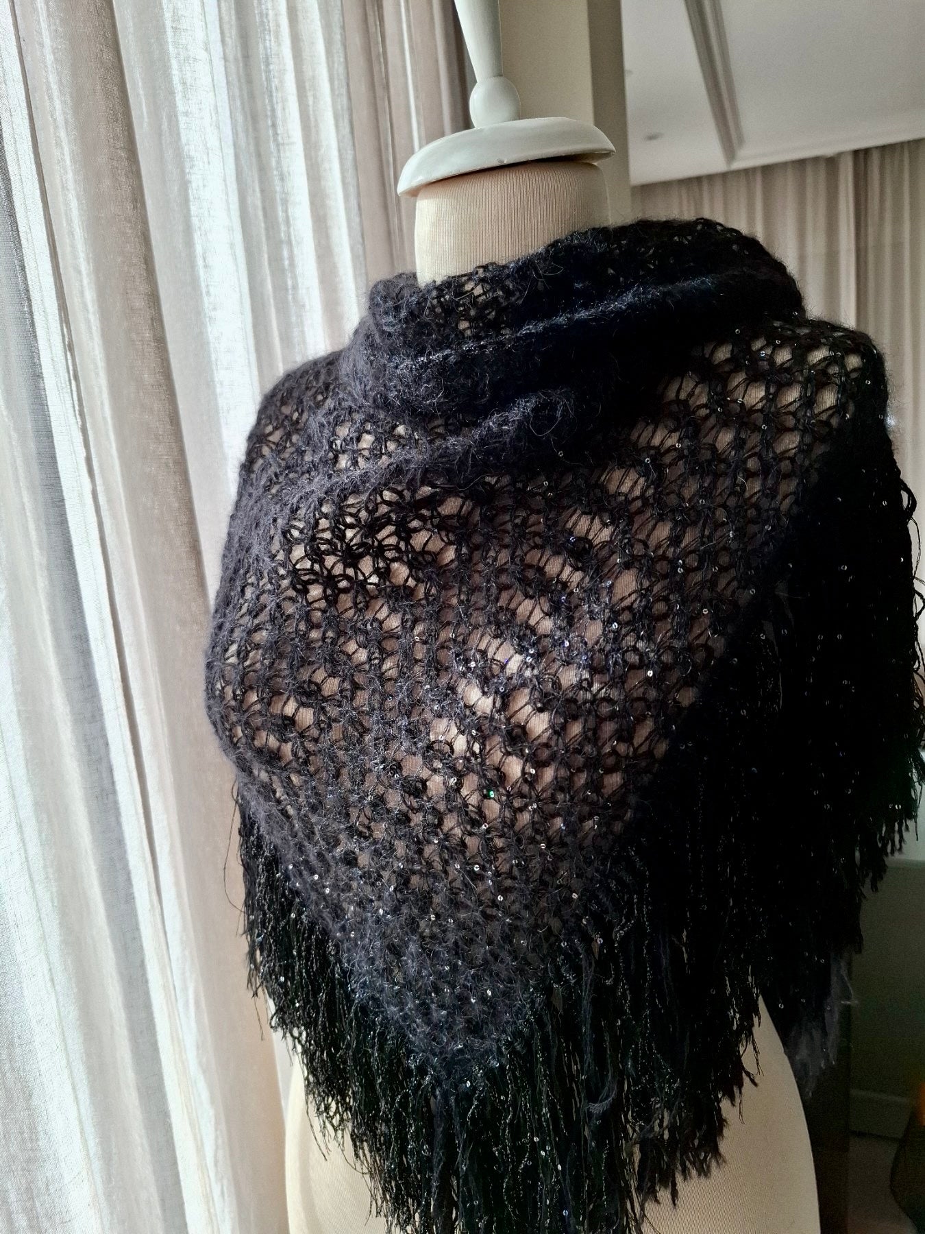 Black Crystal Triangle Scarf – Soft Mohair Elegance