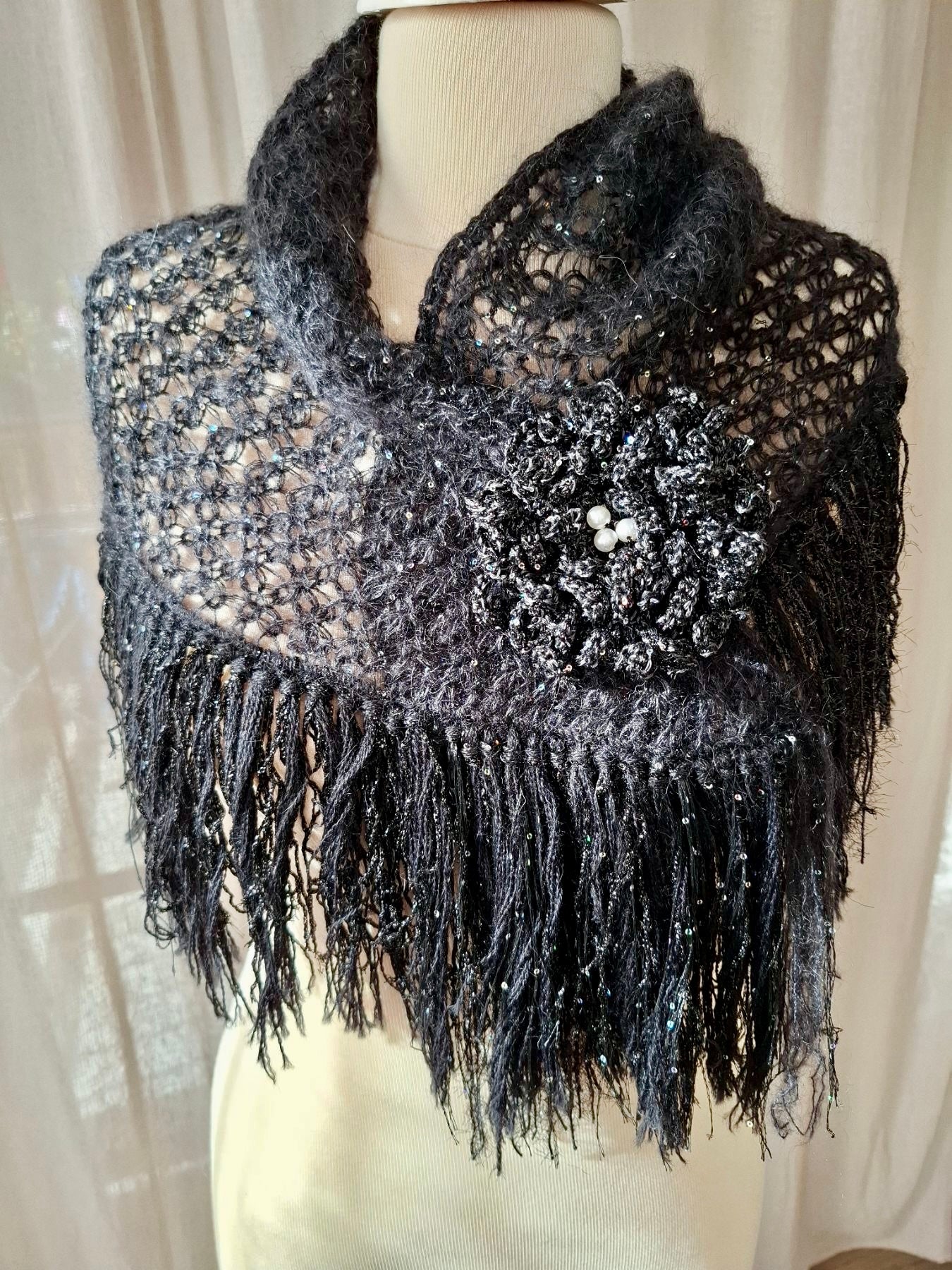 Black Crystal Triangle Scarf – Soft Mohair Elegance